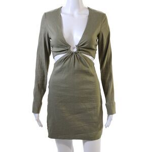 Zara Womens V Neck Long Sleeves Cut Out Waist Dress Green Size Extra Small
